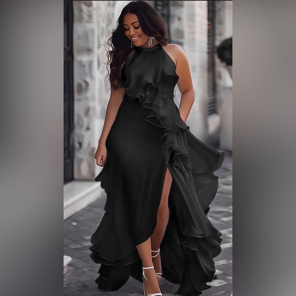 NWT  Xpluswear Design Plus Size Black Halter
Collar Split Ruffle Maxi Dresses - Picture 2 of 4